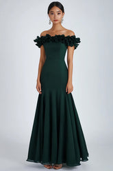 Dunkelgrünes Schulterfreies Ballkleid mit Rüschen